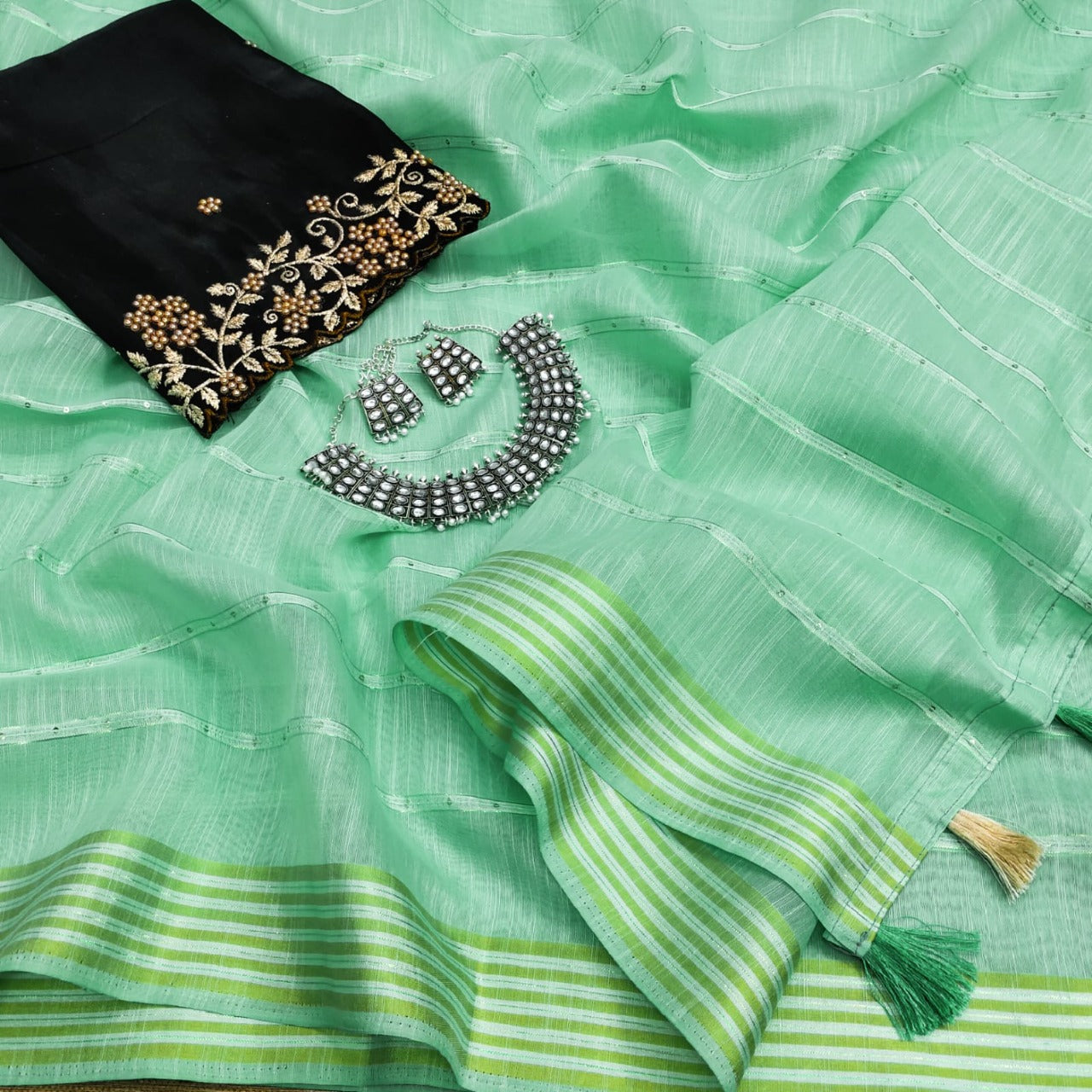 Stupendous Sea Green Color Cotton Zari Weaving Saree Blouse For Women