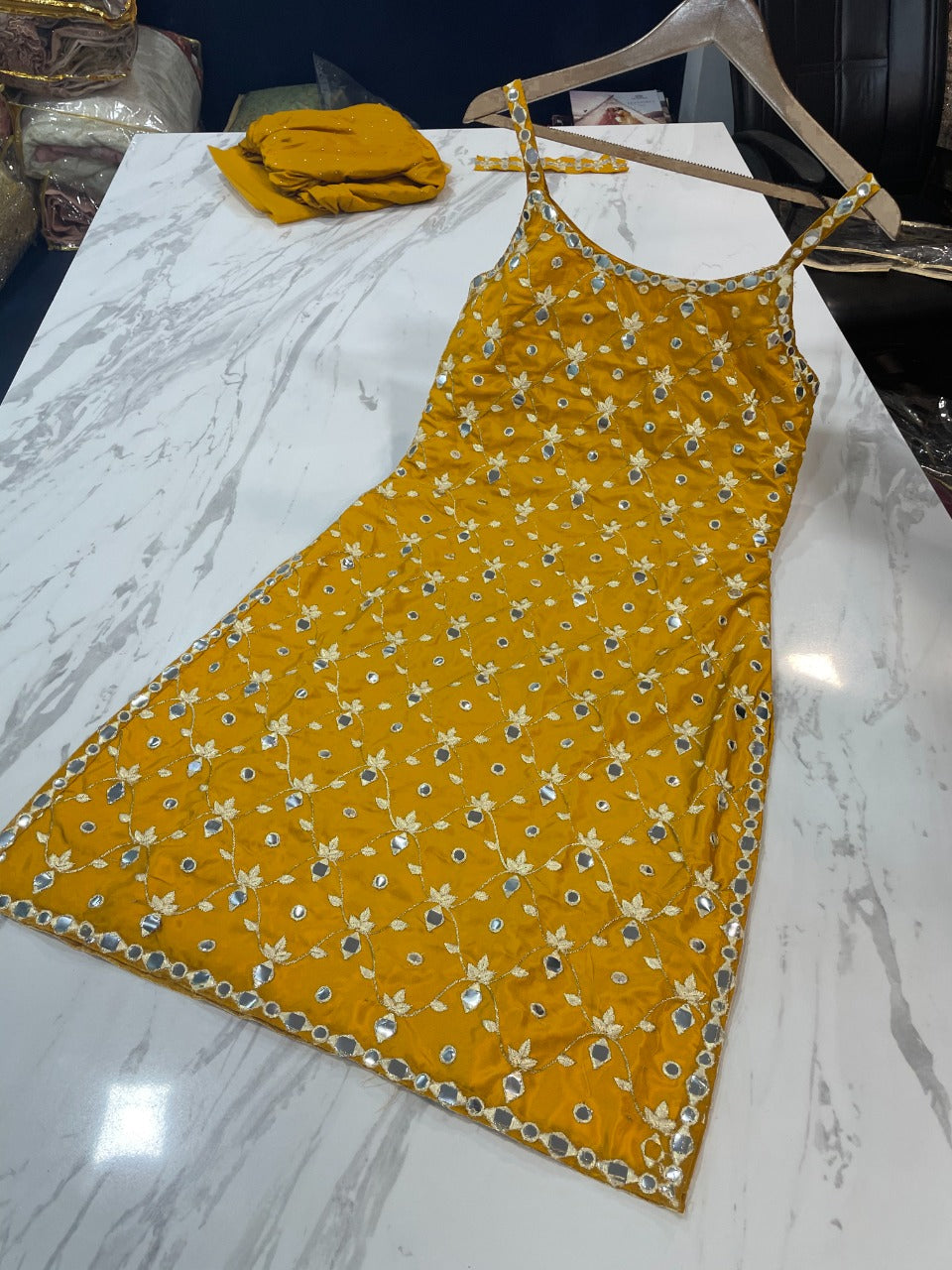 Party Wear Mustard Color Georgette Zari Mirror Work Salwar Suit For Women