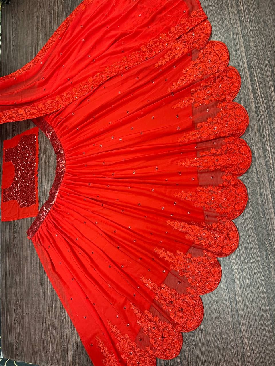 Staggering Red Color Georgette Chine Work Lehenga Choli For Festival Wear