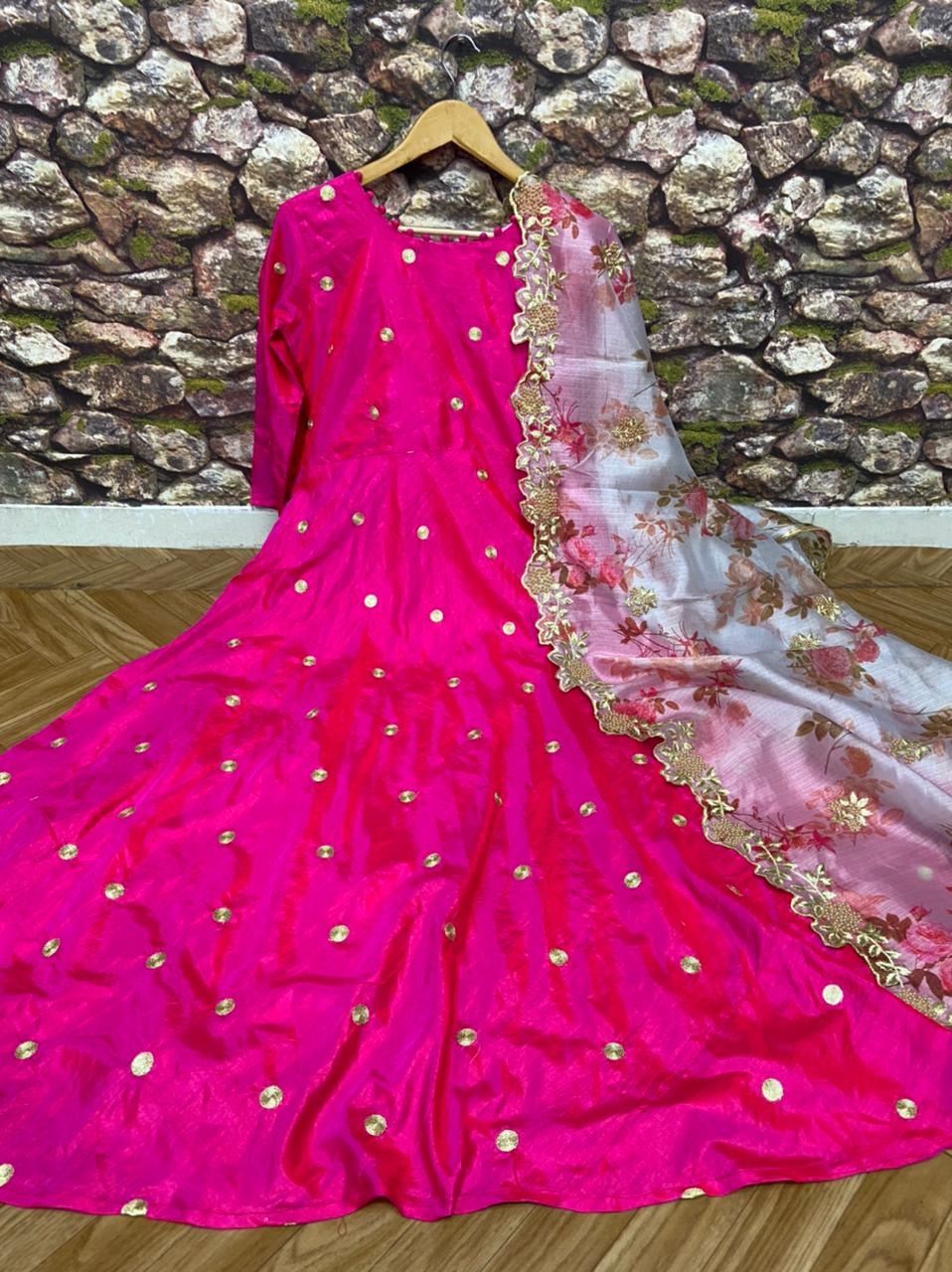 Function Wear Trendy Rani Pink Color Full Stitched Embroidered Zari Work Sana Silk Gown Dupatta