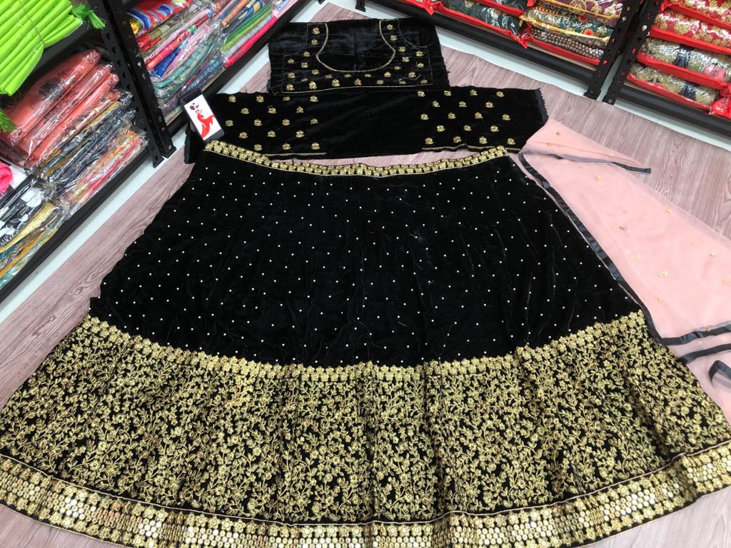 Dashing Black Color Velvet Silk Fancy Zari Thread Embroidered Work Lehenga Choli