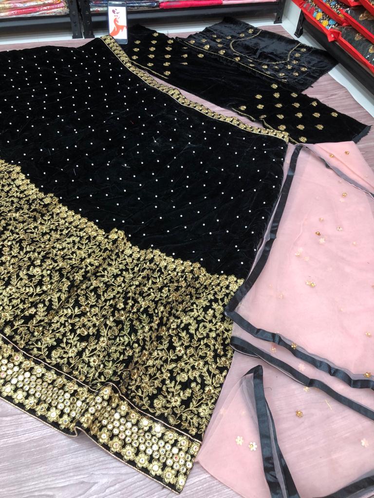 Dashing Black Color Velvet Silk Fancy Zari Thread Embroidered Work Lehenga Choli