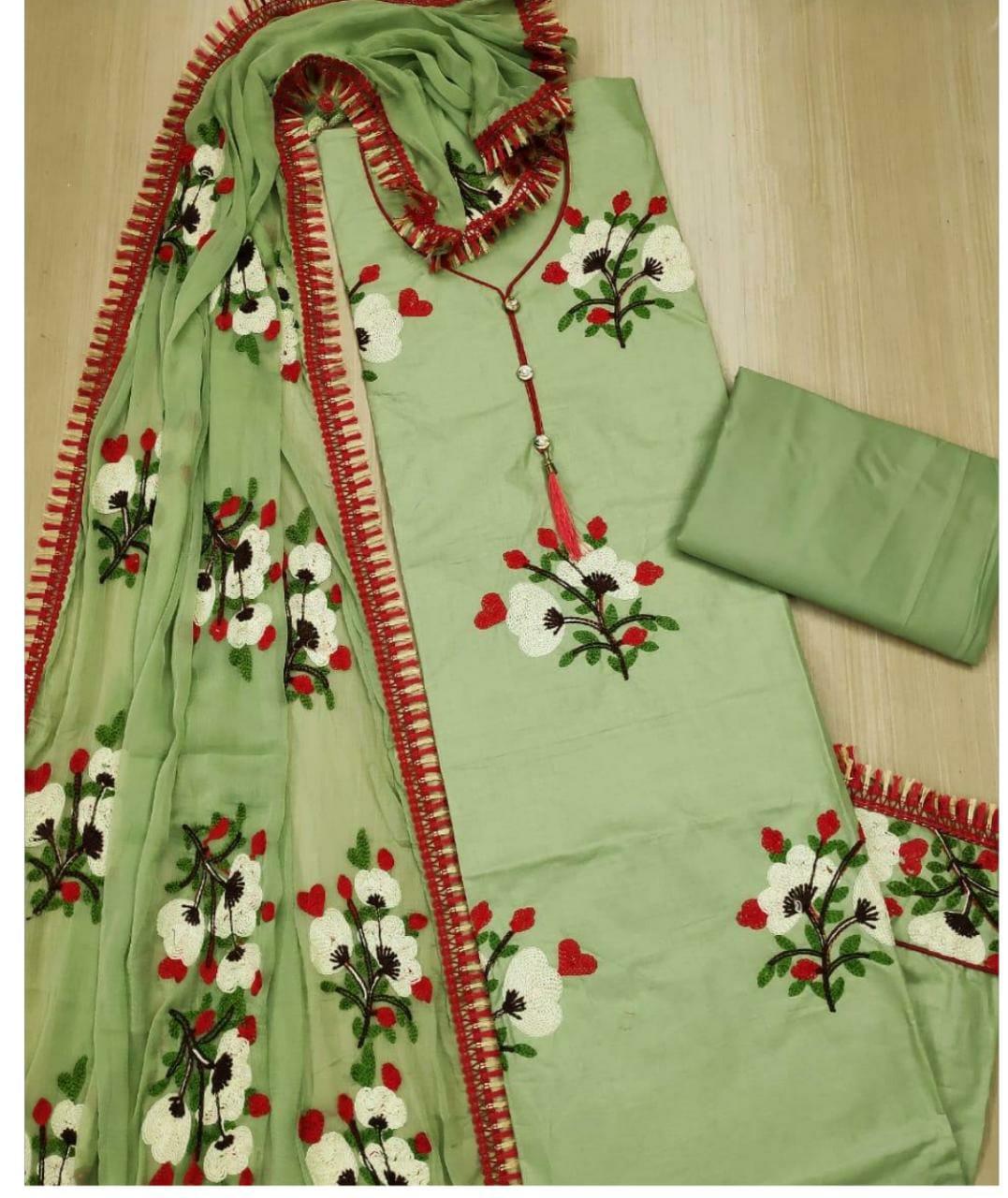 Sizzling Green Color Casual Wear Embroidered Work Cotton Salwar Suit