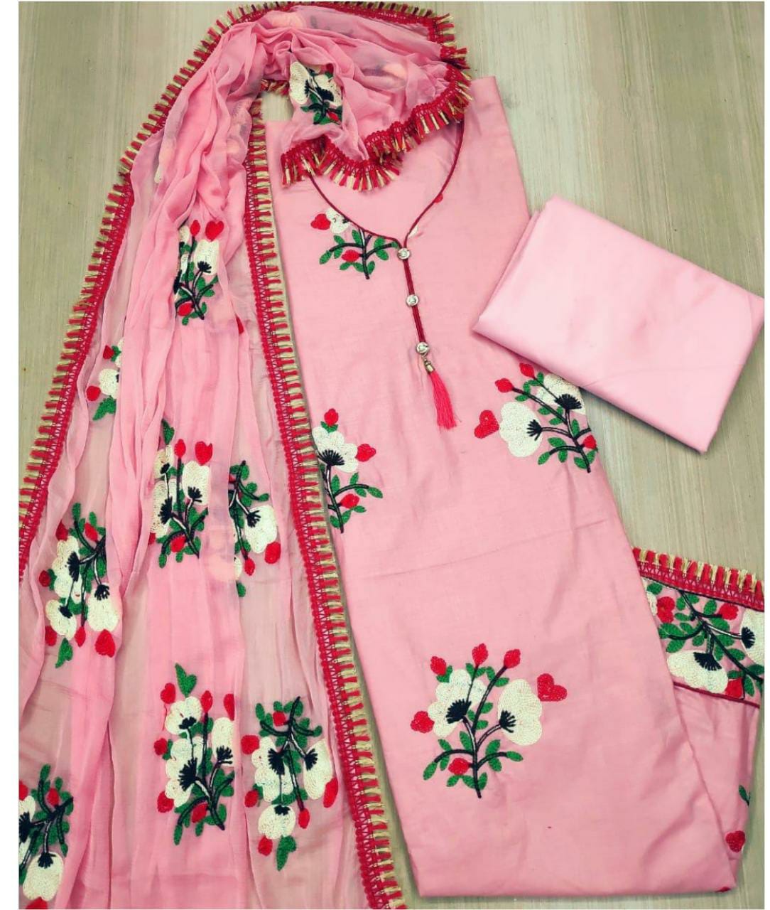 Captivation Pink Color Cotton Embroidered Work Salwar Suit For Ladies