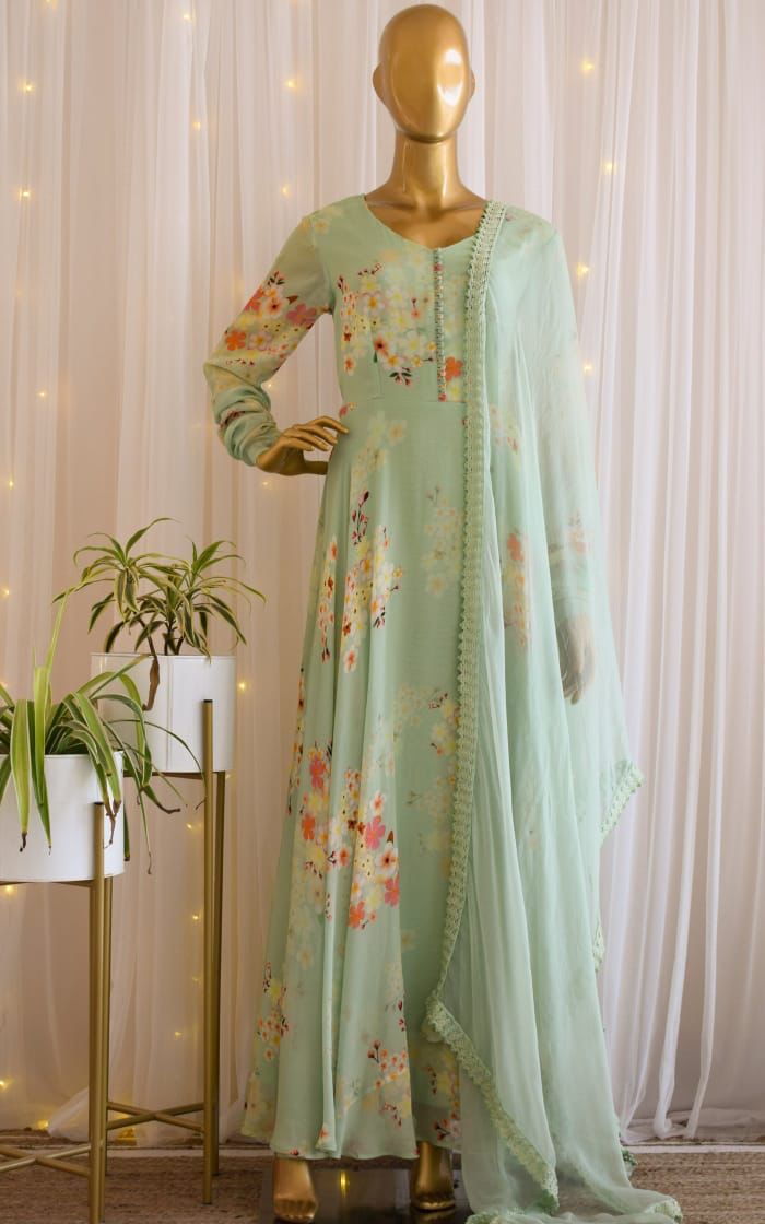 Surpassing Sea Green Color Printed Design Georgette Party Wear Dupatta Gown