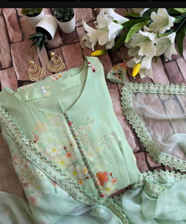 Surpassing Sea Green Color Printed Design Georgette Party Wear Dupatta Gown