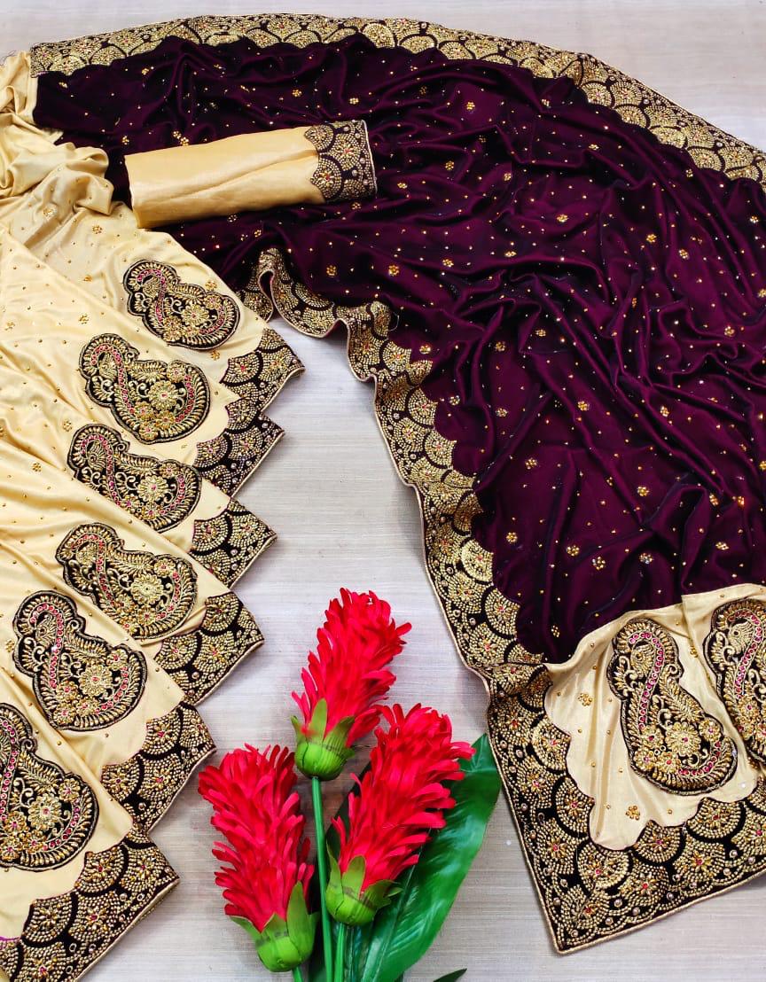 Stupendous Wine Color Velvet Diamond Work Wedding Wear Saree Blouse