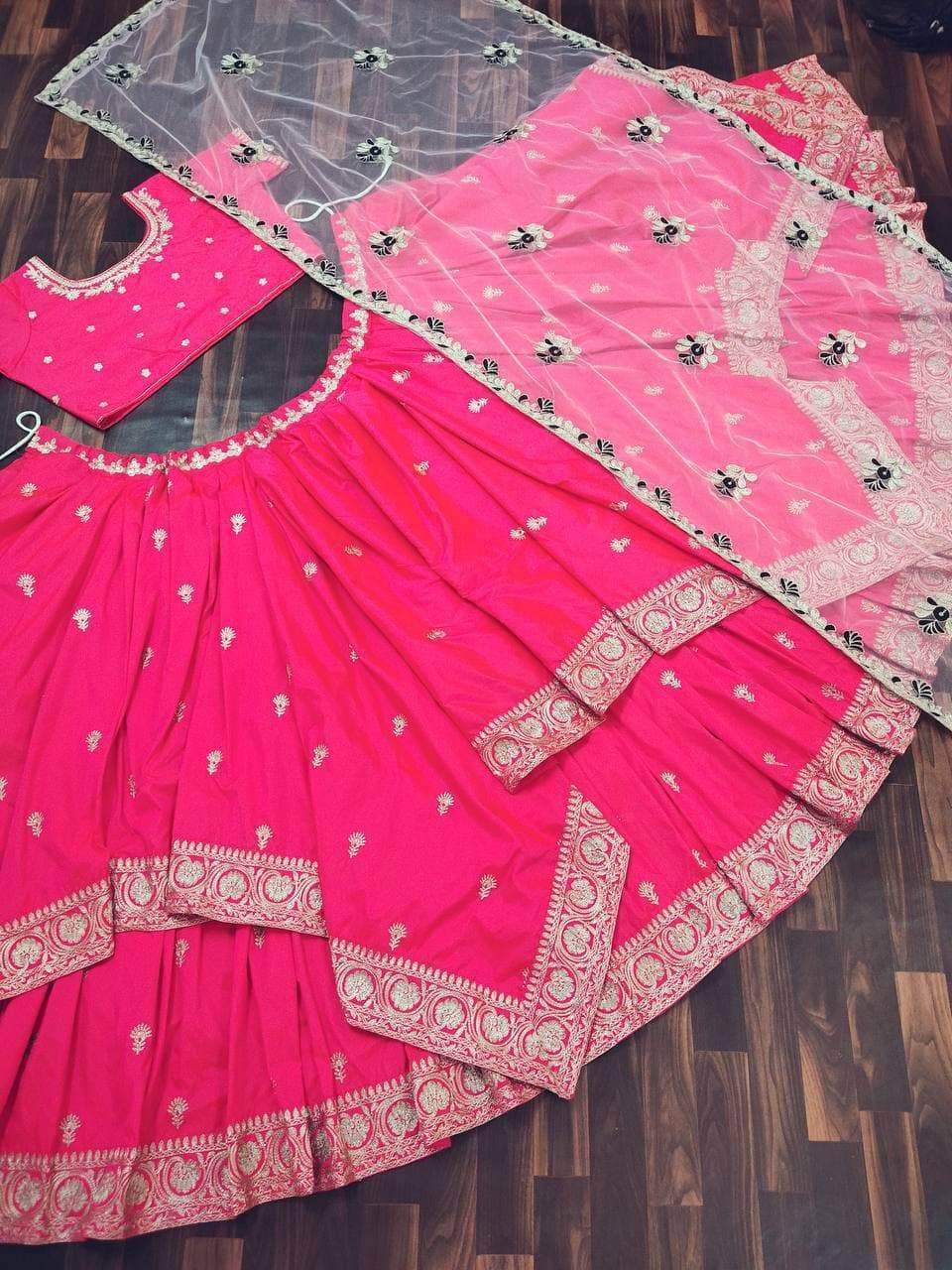 Shattering Rani Pink Color Taffeta Silk Embroidered Work Lehenga Choli For Women