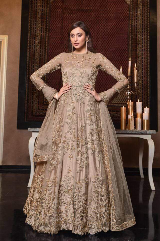 Elegant Copper Color Wedding Wear Embroidered Work Net Salwar Suit