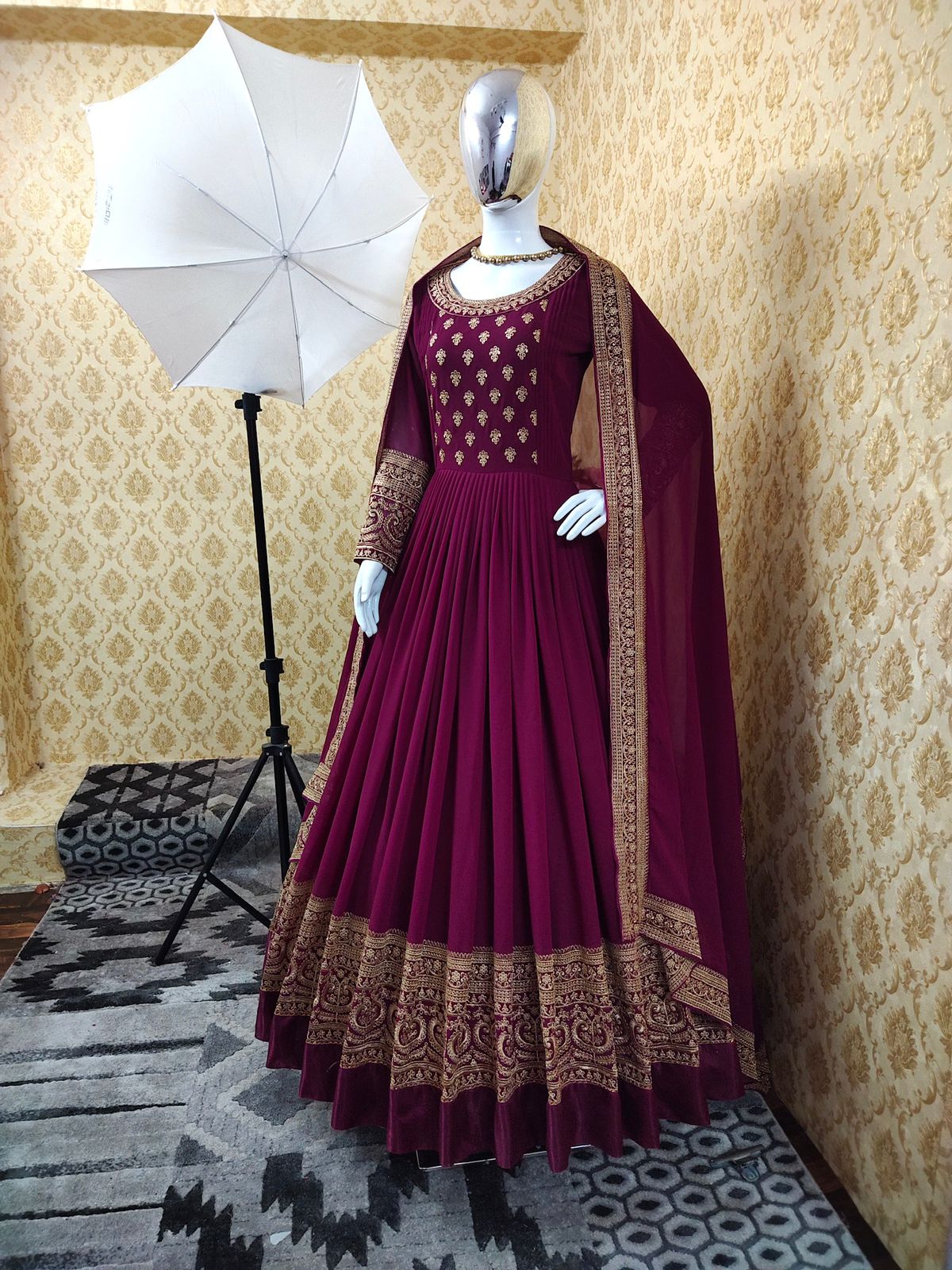 Flattering Wine Color Georgette Embroidered Work Salwar Suit For Women