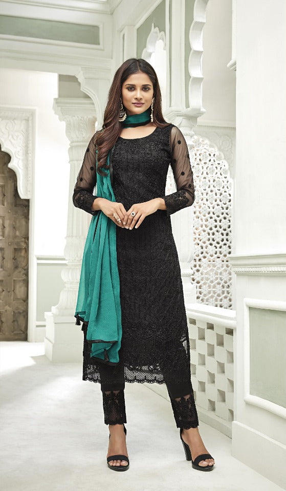 Awesome Black Color Net Embroidered Work Function Wear Salwar Suit Design