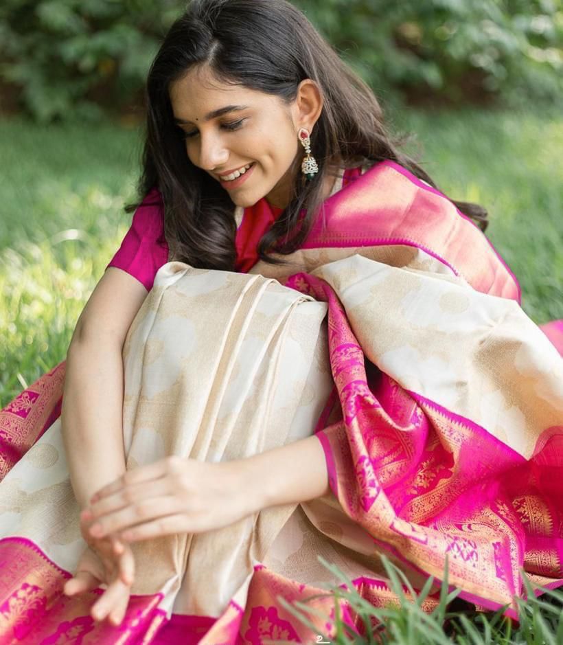 Sensational Cream Color Art Silk Jacquard Work Saree Blouse For Festive Wear