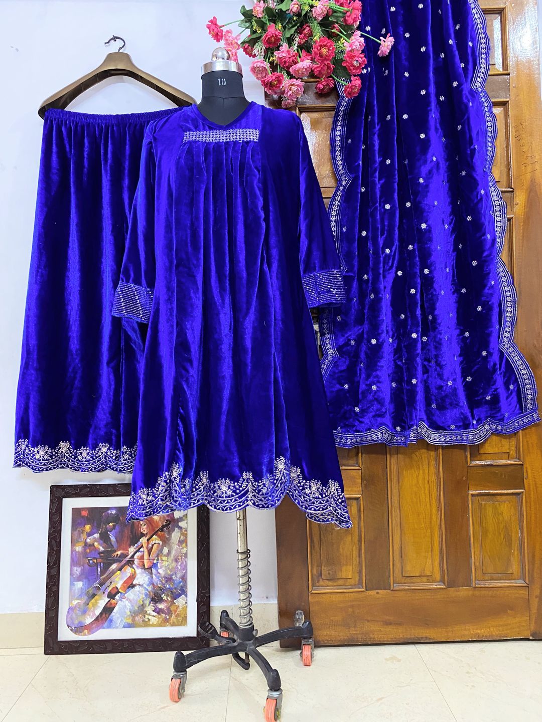Unique Royal Blue Color Embroidered Work Velvet Sharara Suit For Ladies