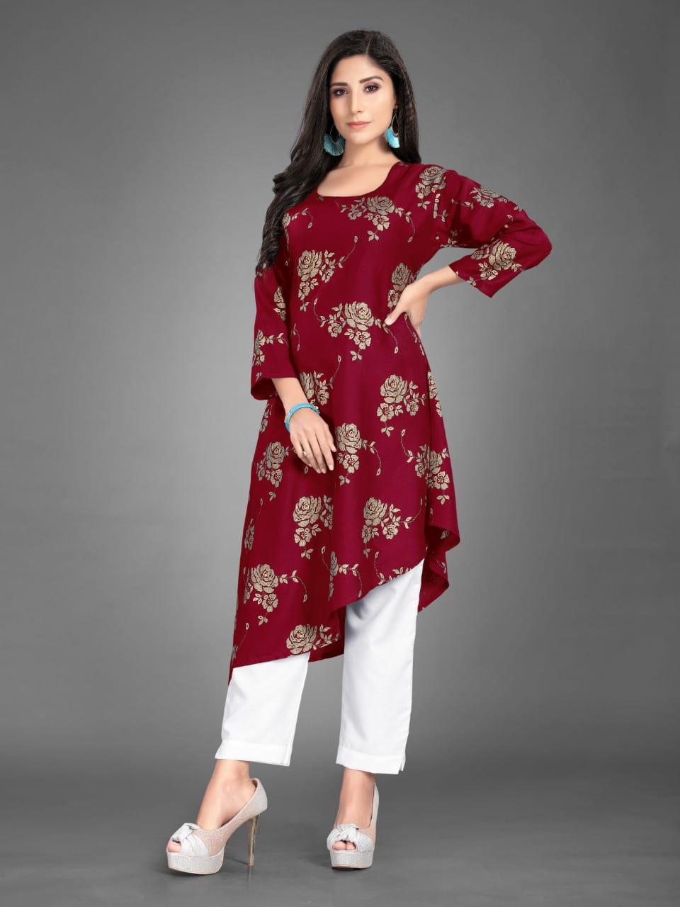Stunning Cotton Rayon Printed Ready Made Pent Kurti For Casual Wear