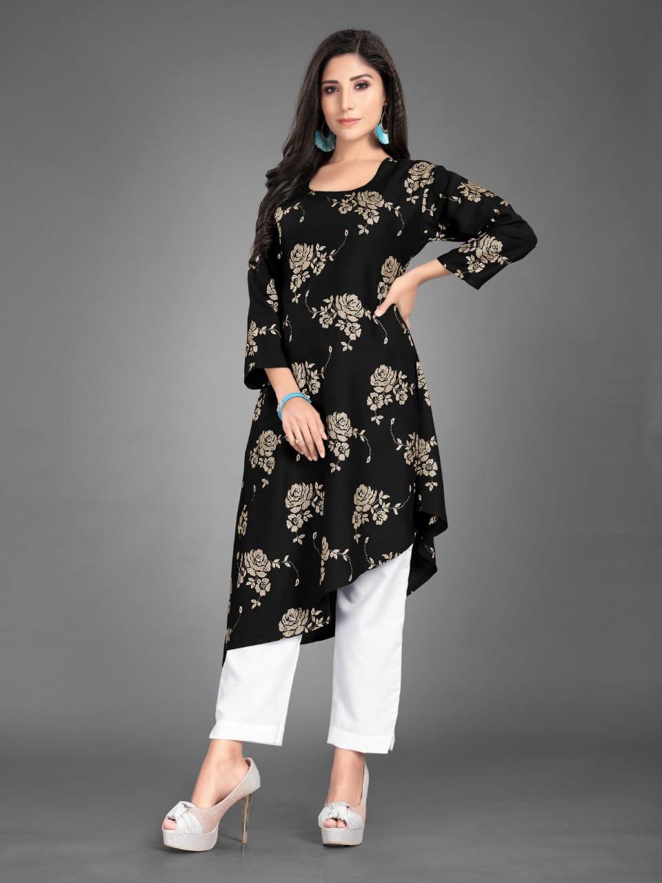 Stunning Cotton Rayon Printed Ready Made Pent Kurti For Casual Wear