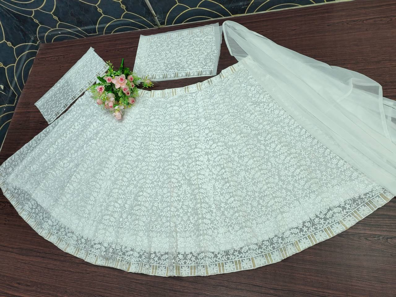 Stupendous Off White Color Georgette Festival Wear Chine Stitched Work Lehenga Choli