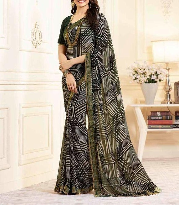 Surpassing Mehendi Green Color Georgette Printed Border Saree Blouse