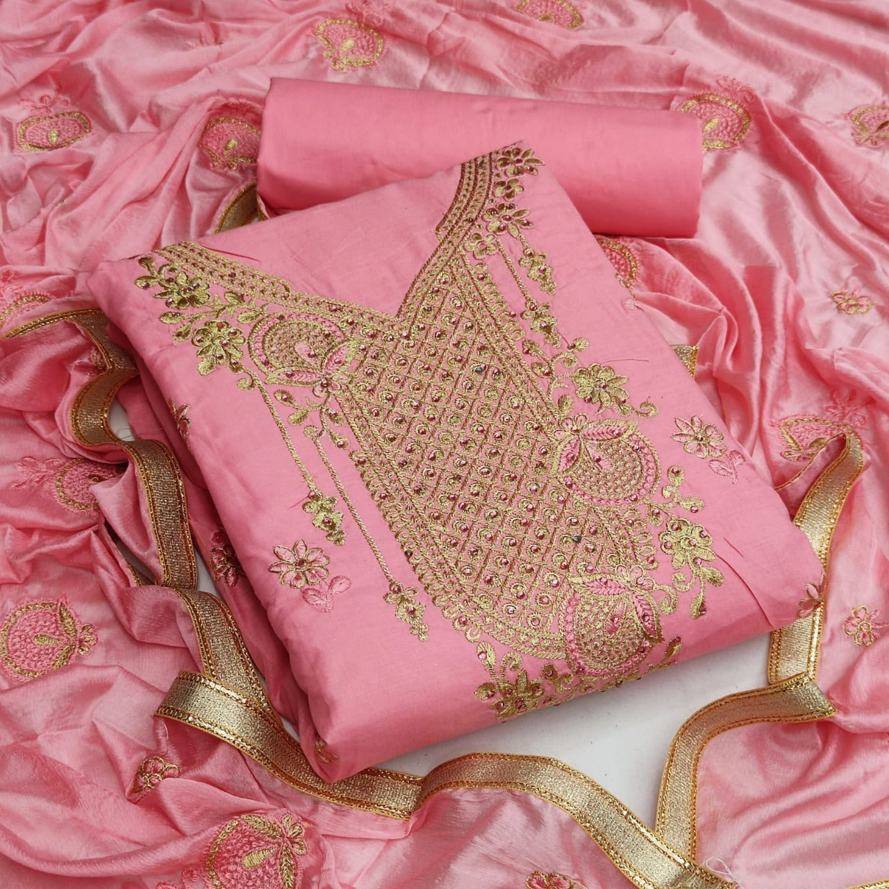 Prodigious Pink Color Cotton Embroidered Work Party Wear Salwar Suit