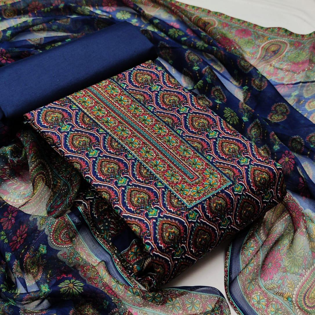 Pretty Navy Blue Color Floral Printed Cotton Salwar Suit For Festive Wear