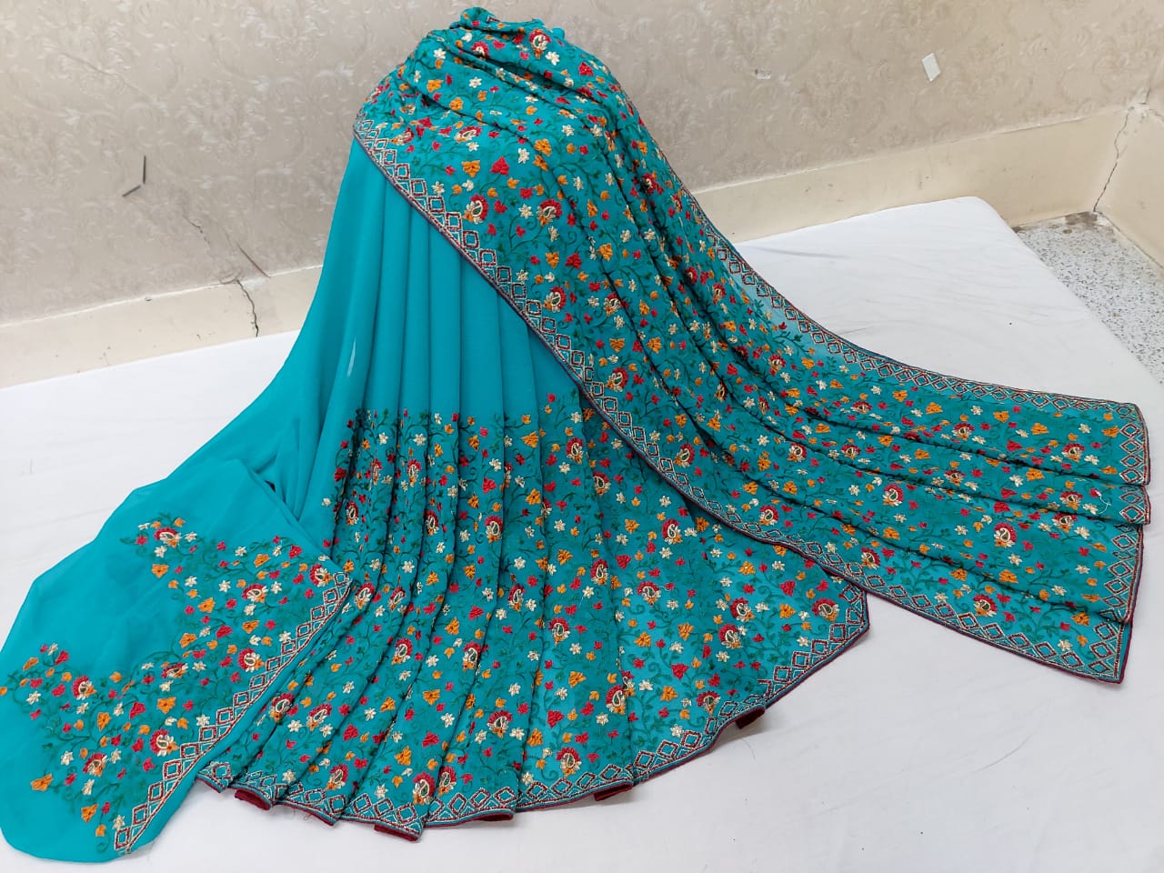 Sky Blue Color Surpassing Georgette Embroidered Thread Work Saree Blouse For Ladies
