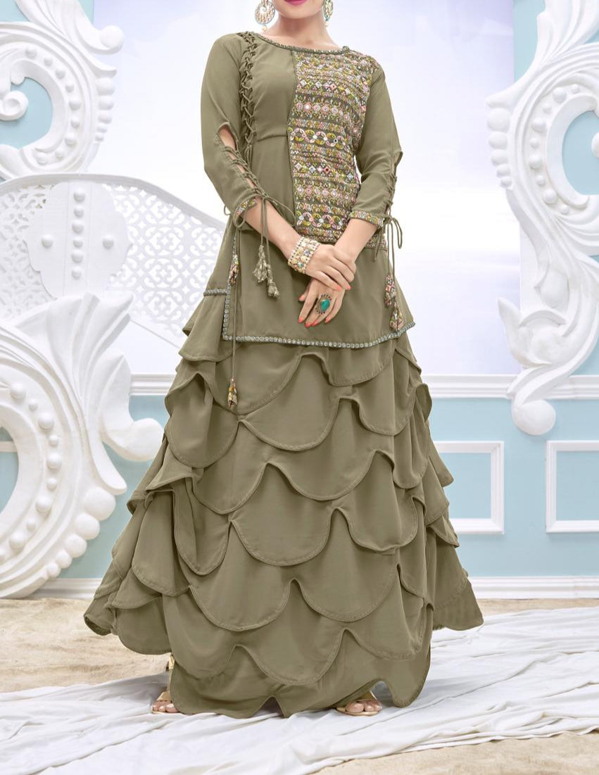 Charming Green Color Georgette Embroidered Work Indo Western For Festive Wear