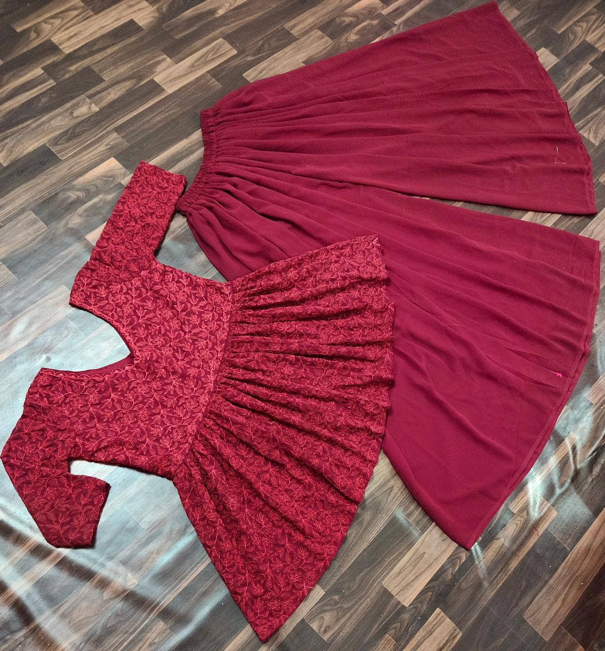 Refreshing Red Color Georgette Embroidered Work Festival Wear Plazo Kurti