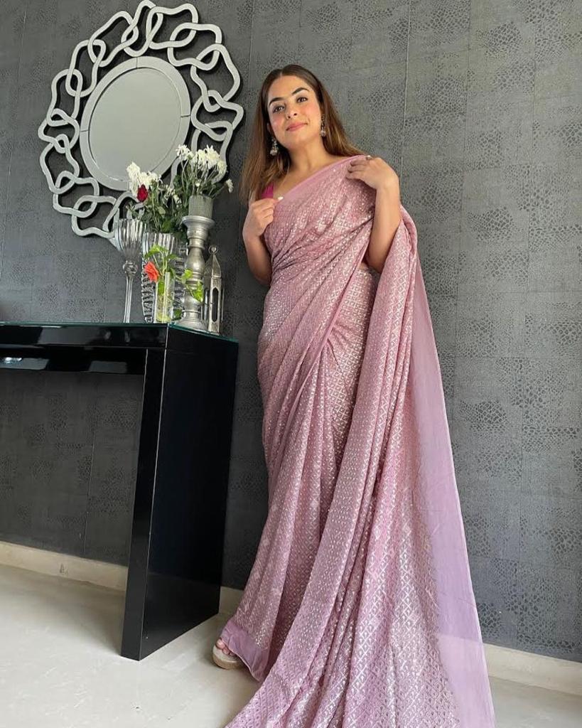 Beautiful Pink Color Georgette Sequence Work Saree Blouse For Wedding Wear