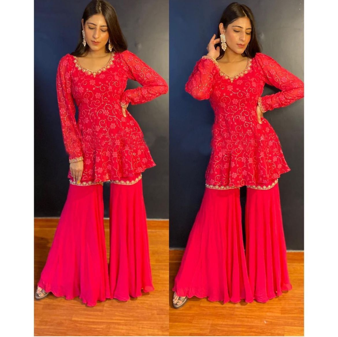Fantastic Red Color Georgette Sequence Work Sharara Salwar Suit