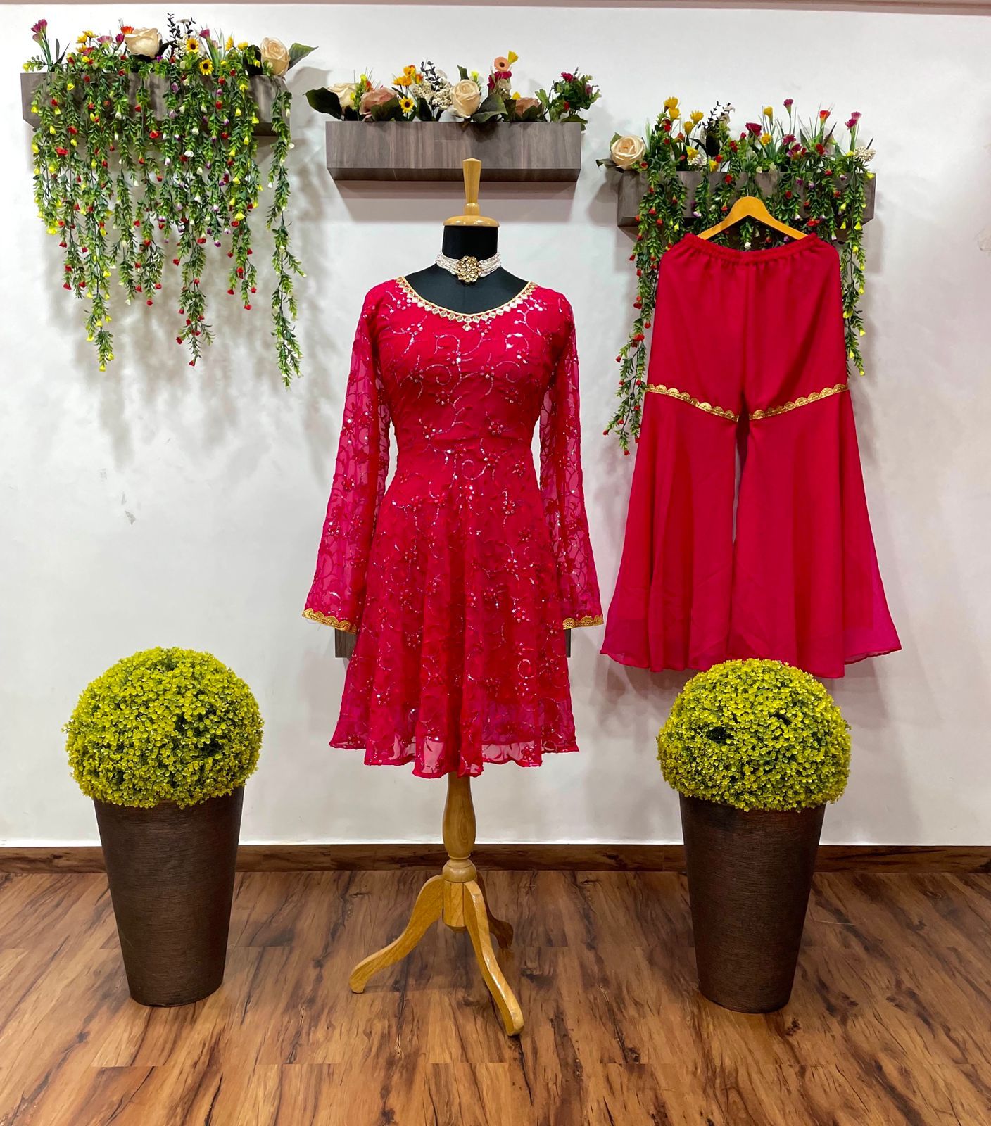Fantastic Red Color Georgette Sequence Work Sharara Salwar Suit