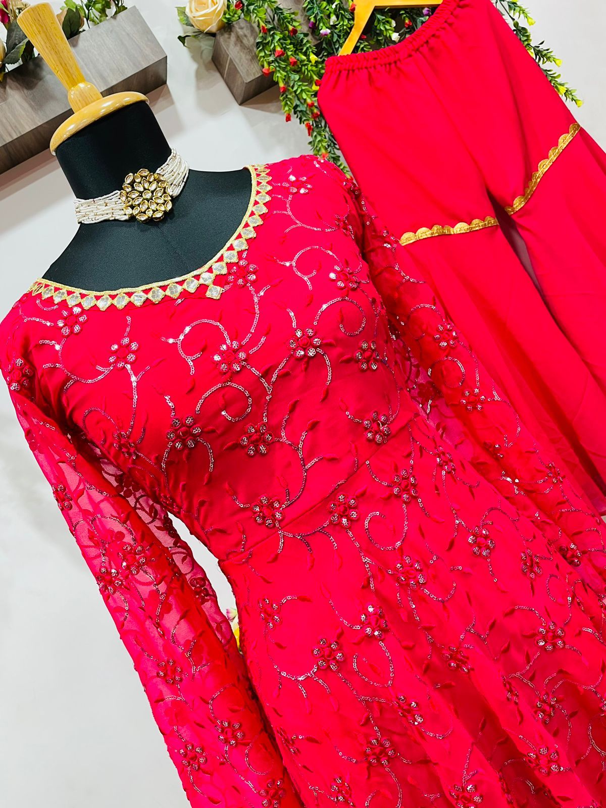 Fantastic Red Color Georgette Sequence Work Sharara Salwar Suit