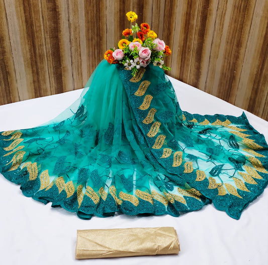 Outstanding Firozi Color Diamond Zari Work Net Casual Wear Saree Blouse