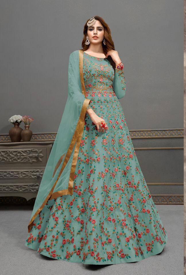 Stupendous Blue Color Net Party Wear Diamond Embroidered Work Suit