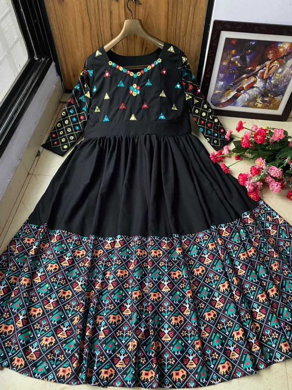 Shattering Black Color Ready Made Silk Mirror Embroidered Work Gown