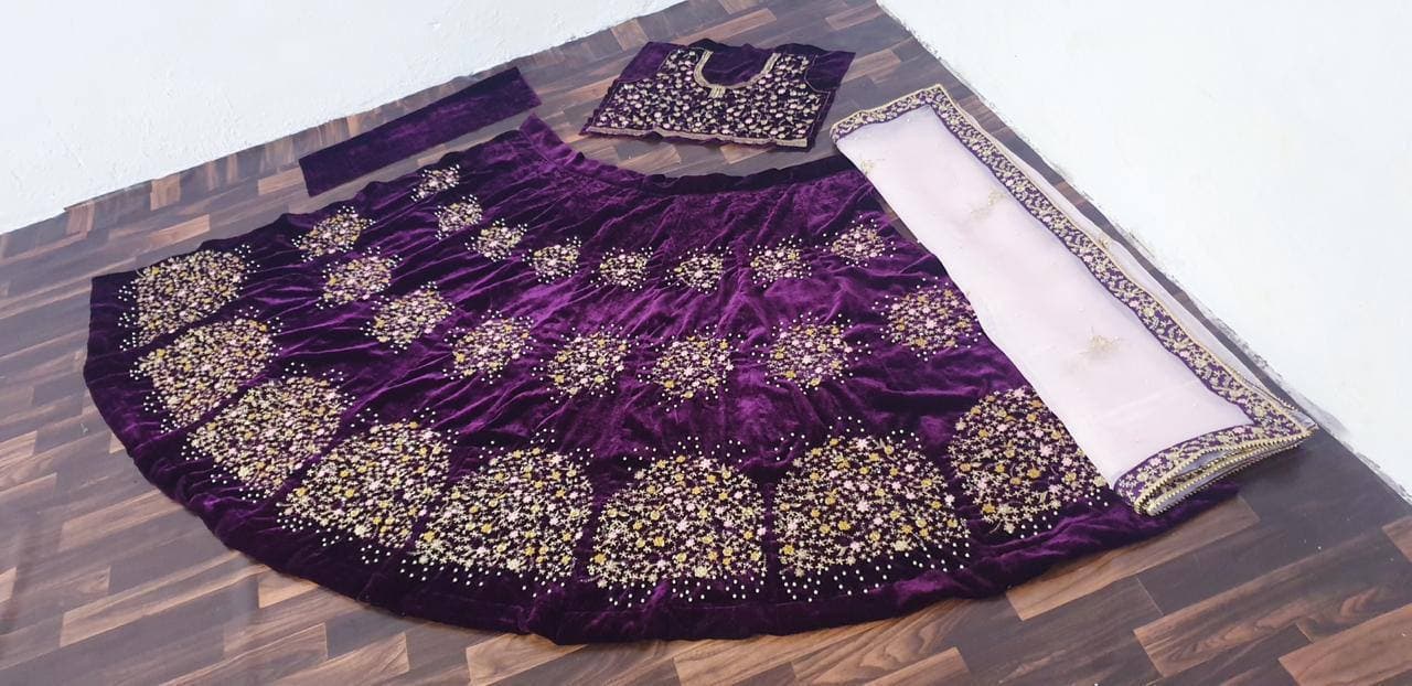 Outstanding Wine Color Velvet Designer Embroidered Work Festive Wear Lehenga Choli