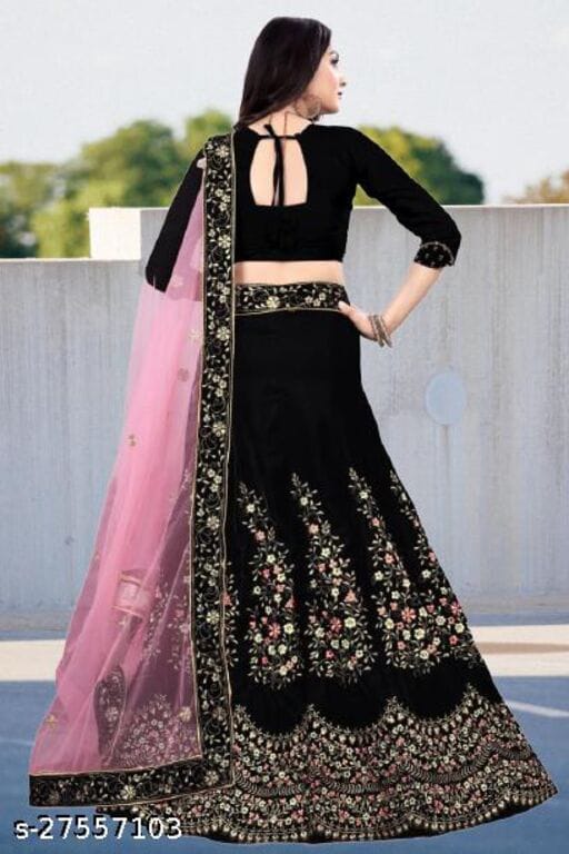 Stylish Black Color Velvet Design Embroidered Work Festive Wear Lehenga Choli