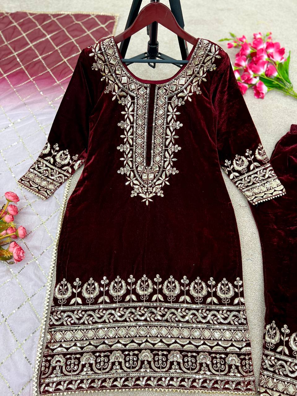 Punjabi Viscose Velvet Full Stitched Embroidered Work Designer Salwar Suit