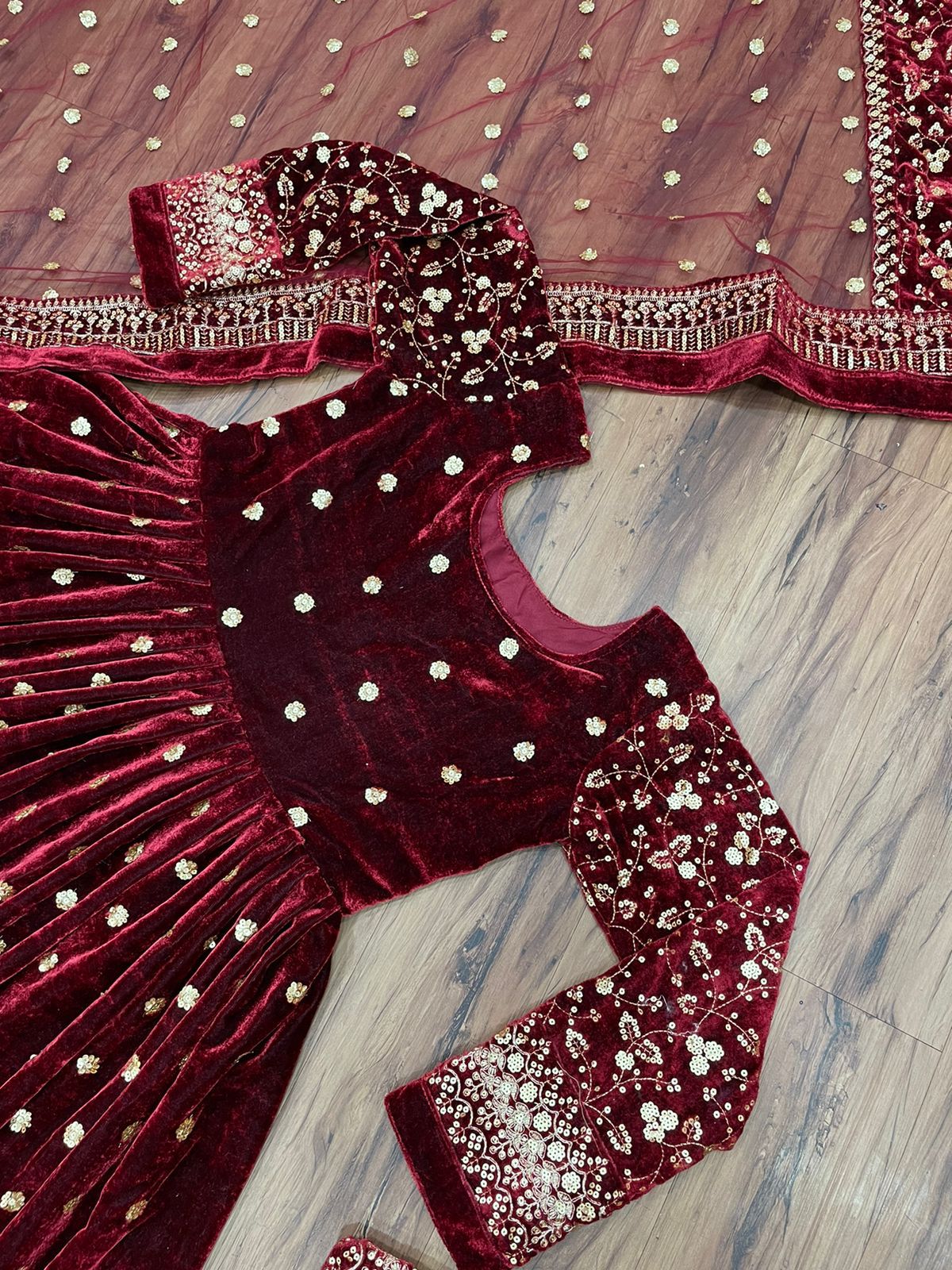 Maroon Color Velvet Embroidered Ready To Wear Gown