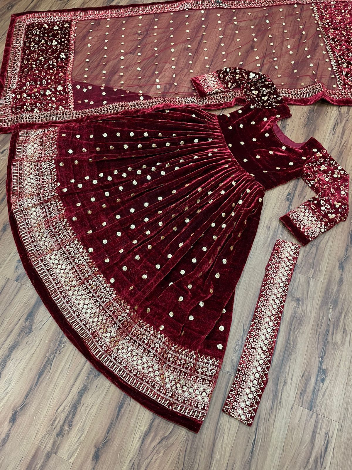 Maroon Color Velvet Embroidered Ready To Wear Gown