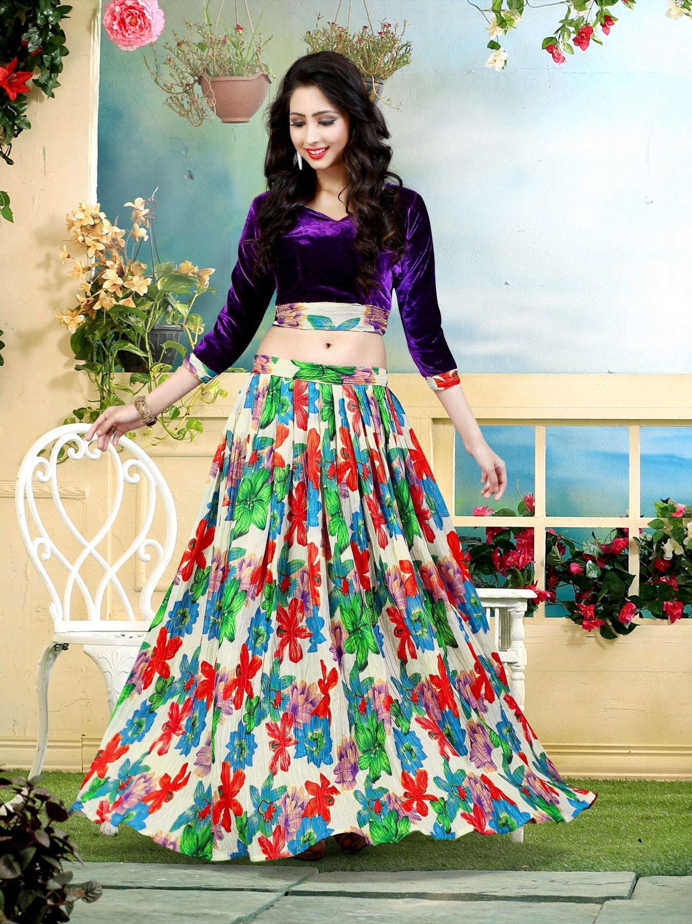 Party Wear Silk Lehenga with Purple Velvet Choli For Girls