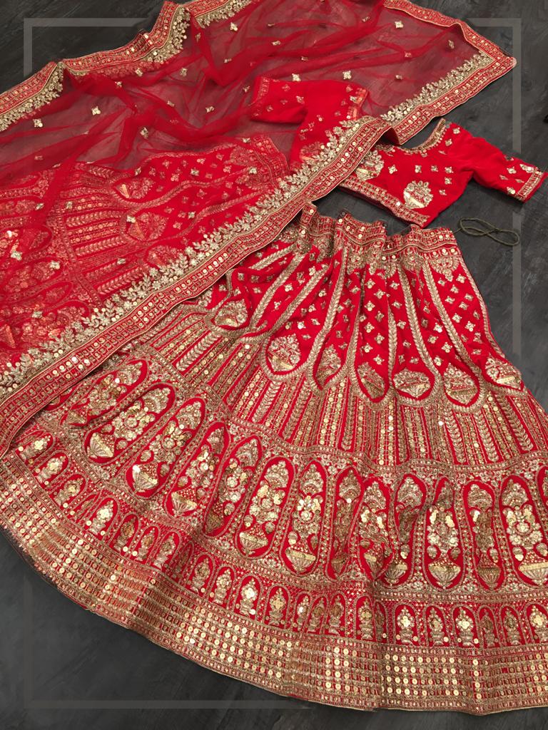Bridal Wear Red Color Fancy Velvet Designer Sequence Stone Zari Embroidered Thread Work Lehenga Choli