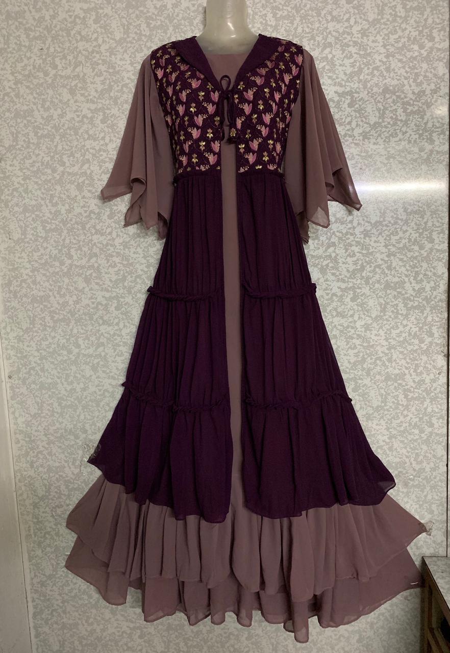Wonderful Wine Color Faux Georgette Embroidered Jacket Gown For Women