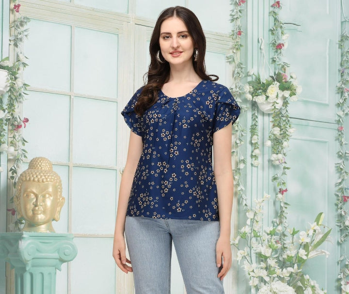 Intricate Dark Blue Color Western Wear American Crape Digital Printed Top