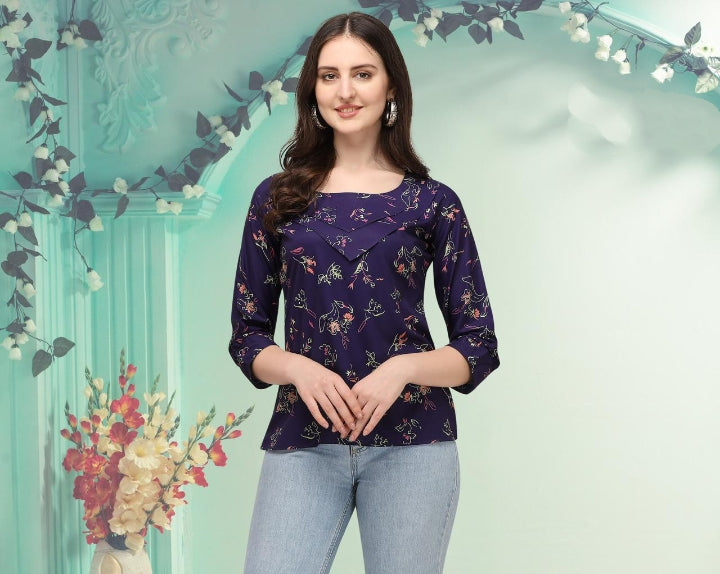 Sophisticated Violet Color American Crape Fancy Digital Printed Ready Made Top