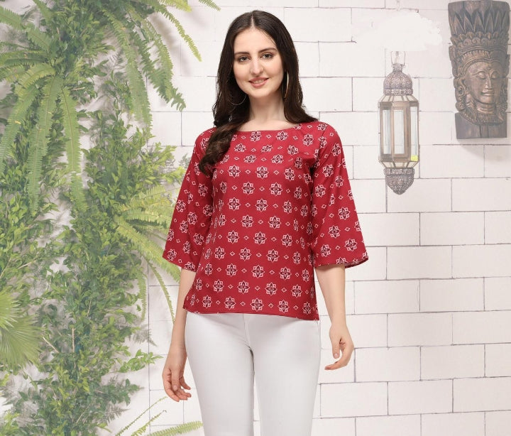 Flaunt Red Color Designer Digital Printed Crape Ready Made Top For Women