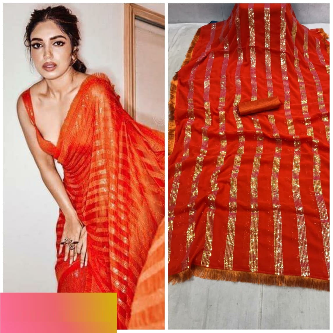 Orange Georgette Sequence Work Saree For Women