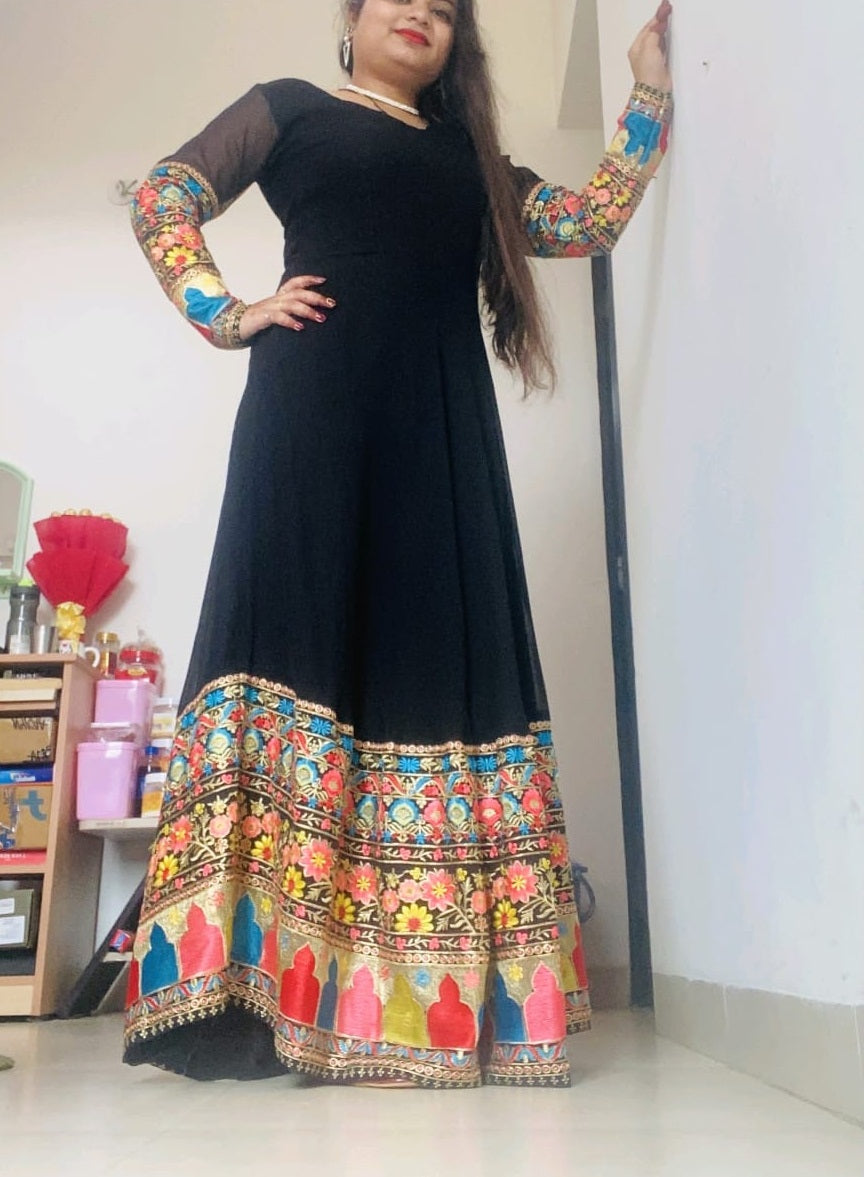 Black Blooming Colored Designer Party wear Embroidered Georgette Stitched Gown