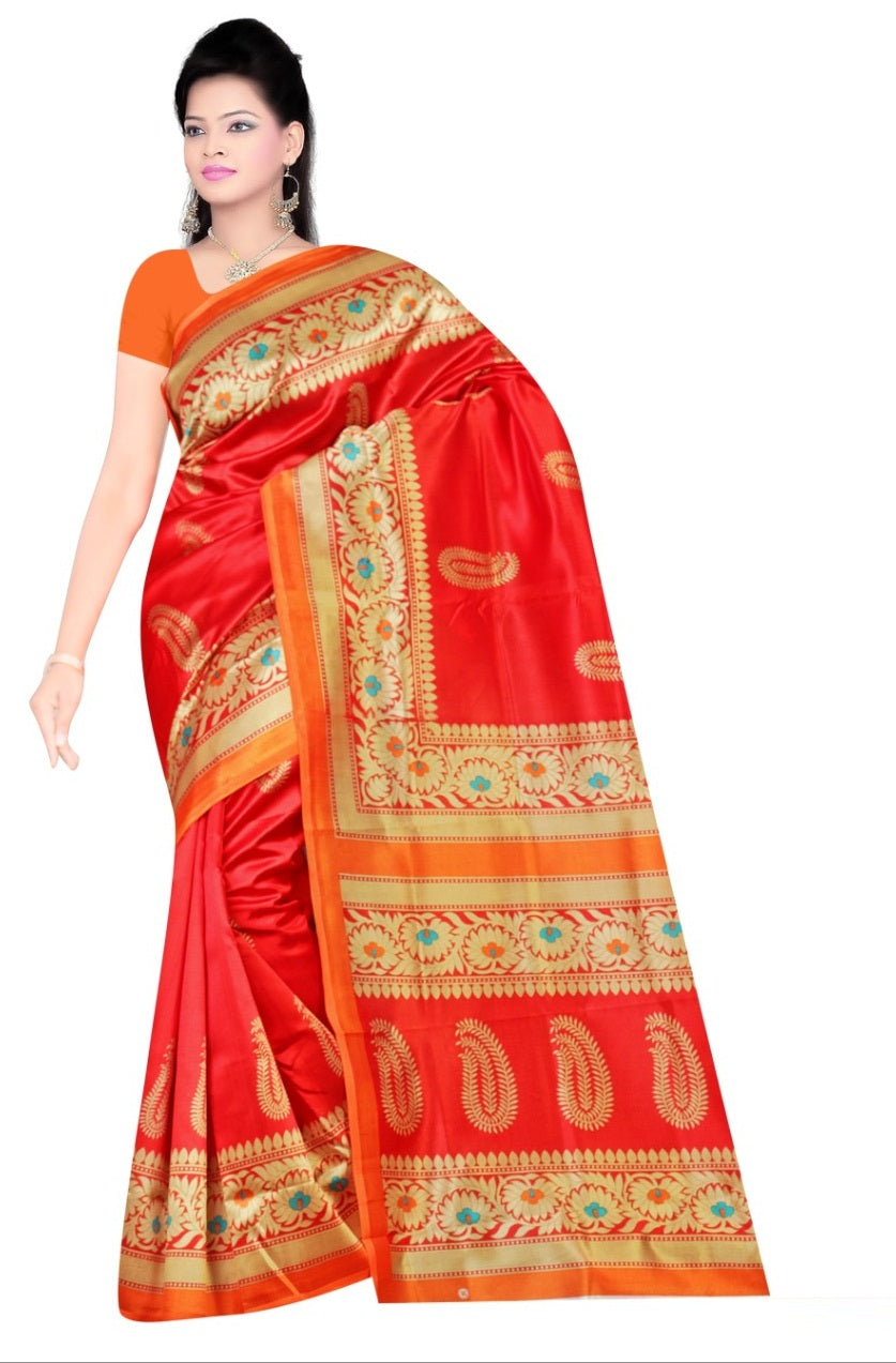 Red Color Lichi Silk Printed Saree Blouse For Party Wear