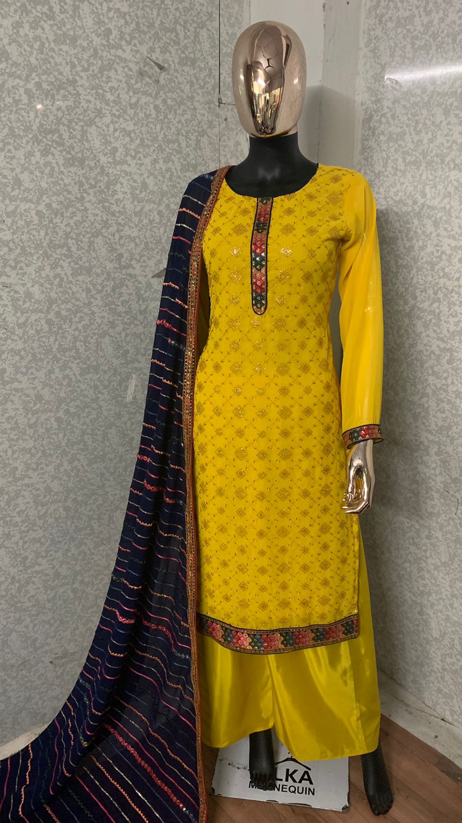 Lemon Yellow Georgette Embroidered Semi Stitched Salwar Suit