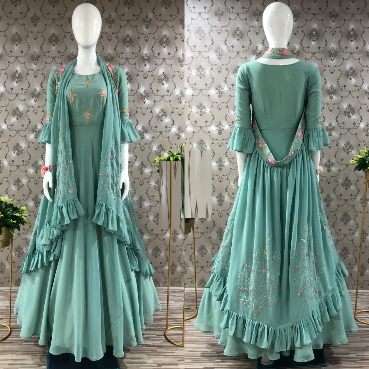 Stylish Georgette Thread Zari Sequence Work Full Stitched Gown with Shrug