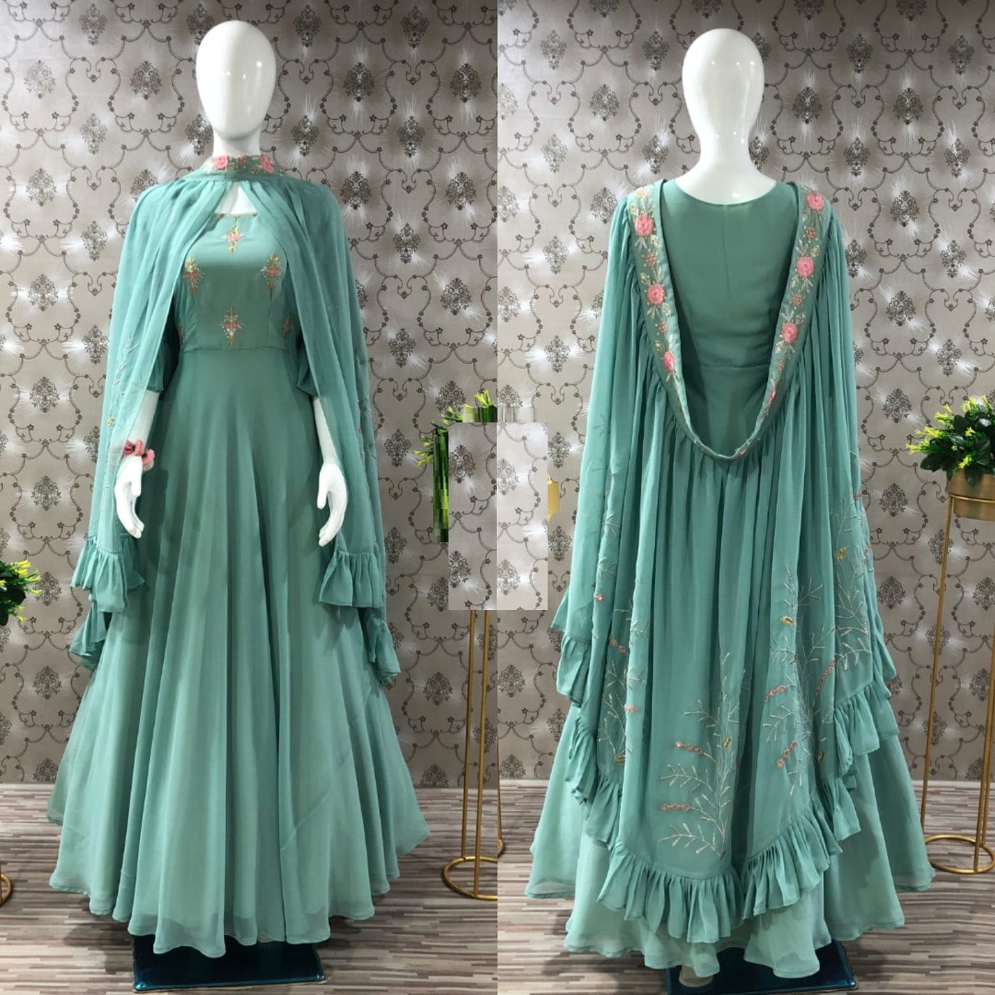 Stylish Georgette Thread Zari Sequence Work Full Stitched Gown with Shrug